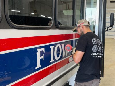 Thank you to Brandon Matthews for removing the old lettering from our new bus. Camp Courageous may no longer be displayed on it, but we are forever grateful for their donation.